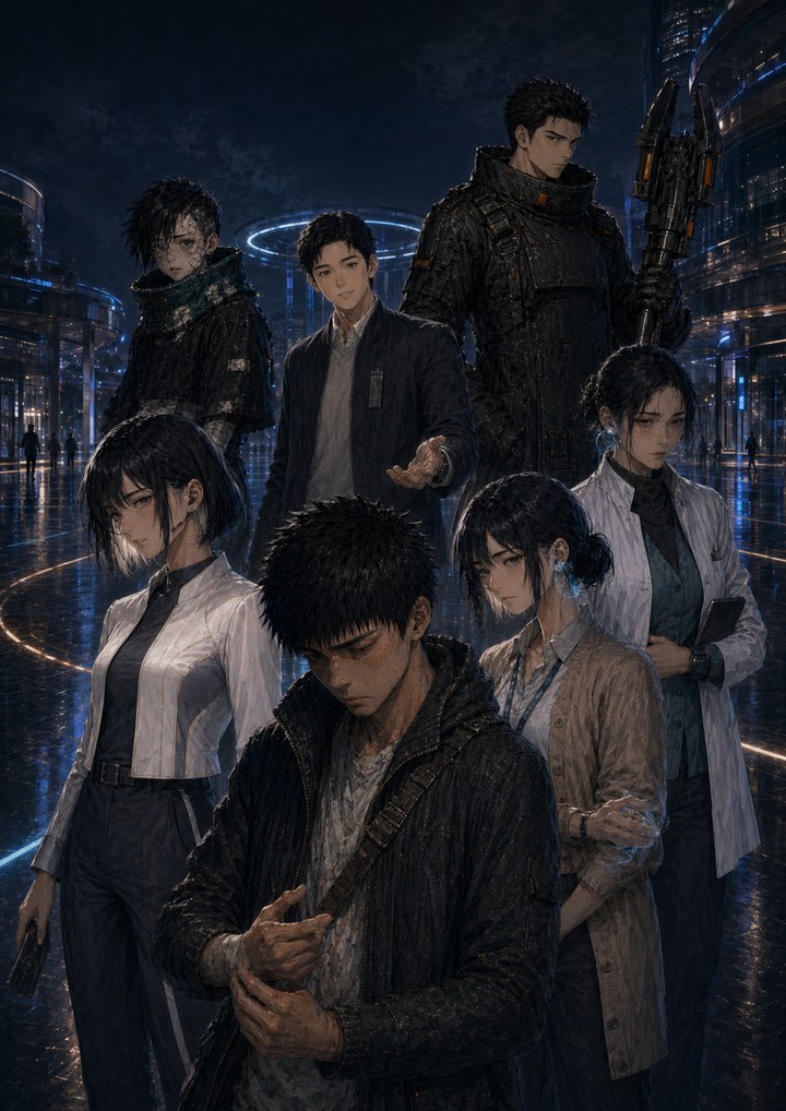 The seven main MEGAN.AI characters stand in a rainlit near-future city, with Ren in the foreground and the cast arranged around him.
