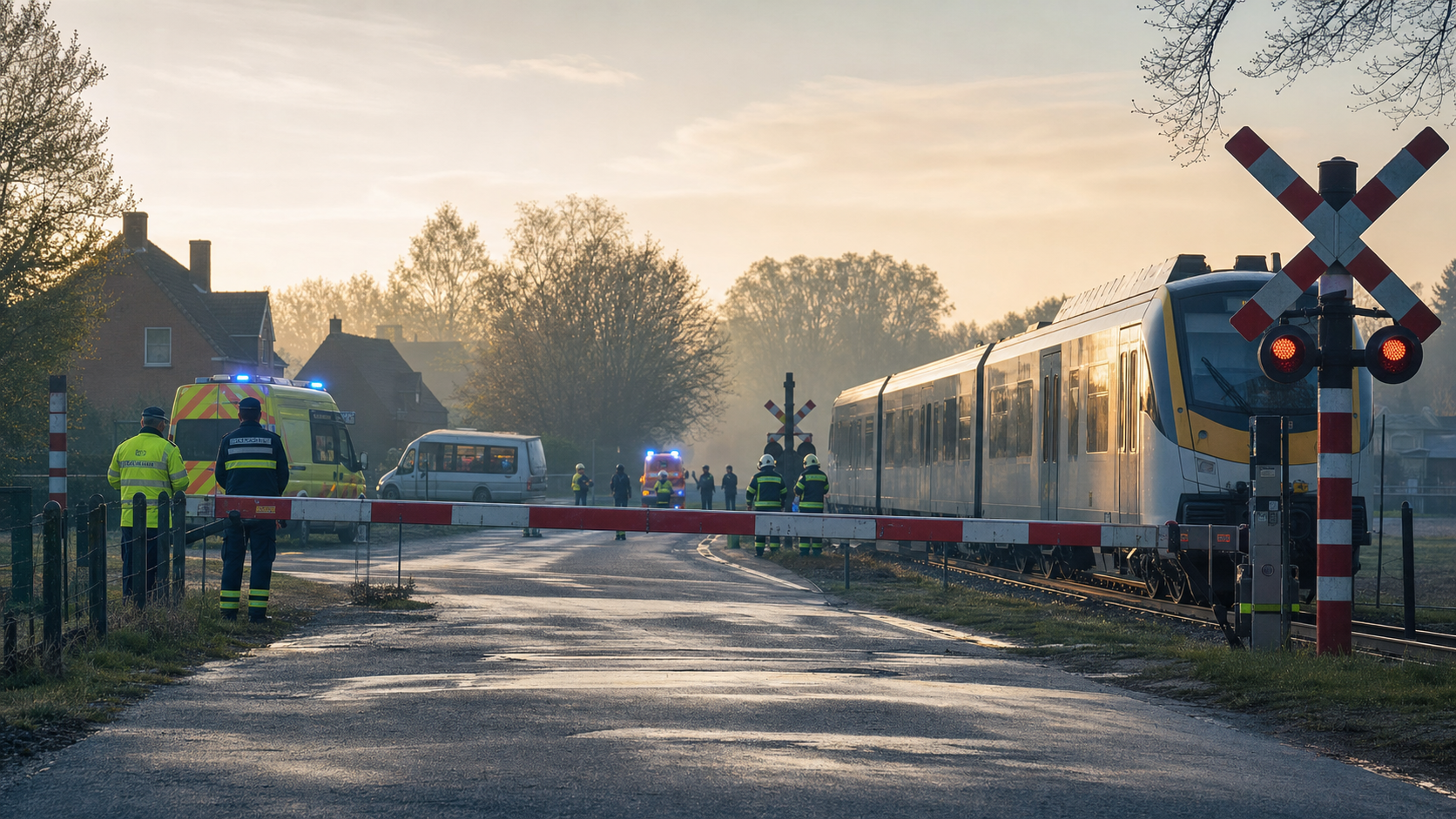 Non-graphic editorial illustration of public-safety aftermath for Four killed as school minibus collides with train in Belgium
