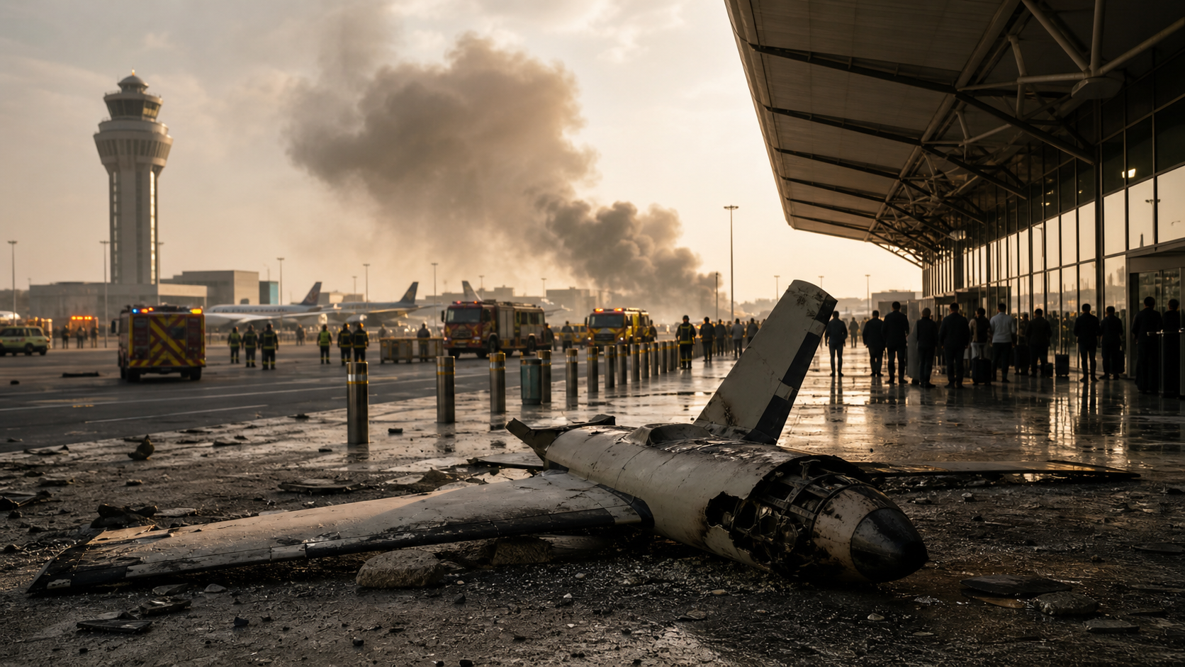 Non-graphic editorial illustration of public-safety aftermath for Kuwait releases video of 'Iranian drone' hitting airport